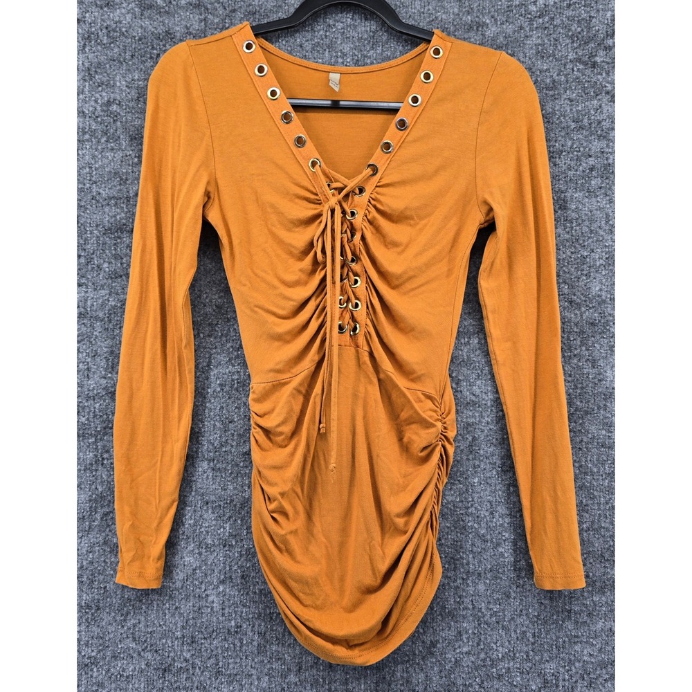 Vtg CY Lace Up Ruched Top Women S Mustard Long Sleeve Grommet Y2K Grunge Alt USA